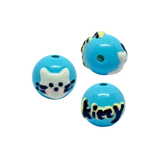 Blue Kitty Round Bead | 15mm