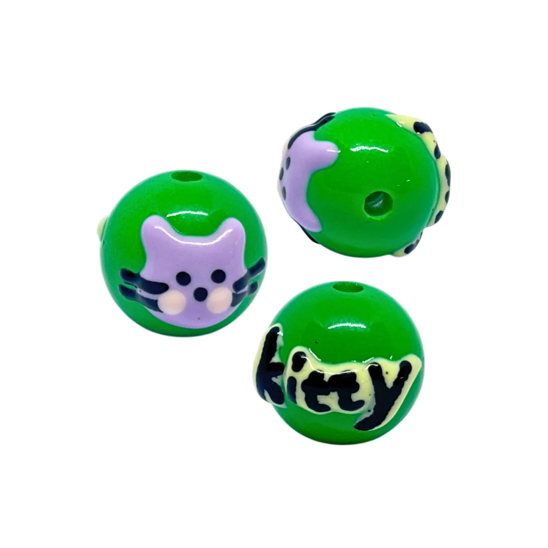Green Kitty Round Bead | 15mm