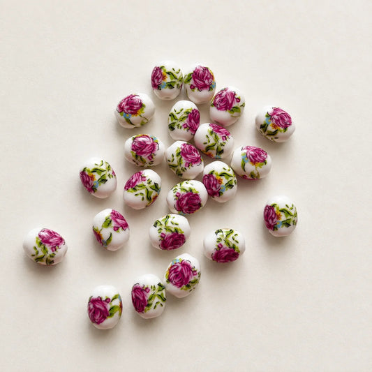 Oval Shaped Rose Painted Ceramic Beads