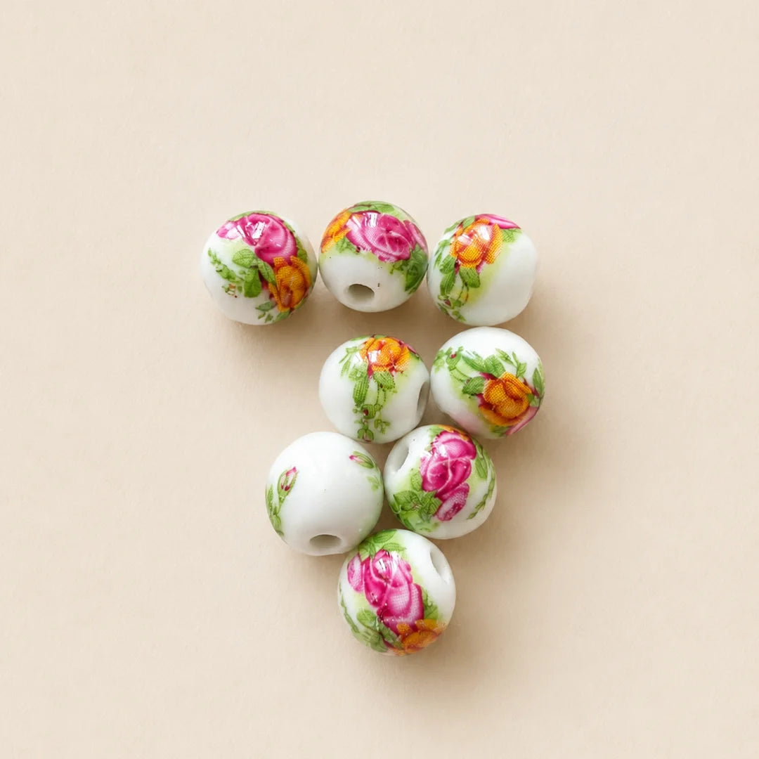 Pink and Orange Flower Printed Ceramic Beads