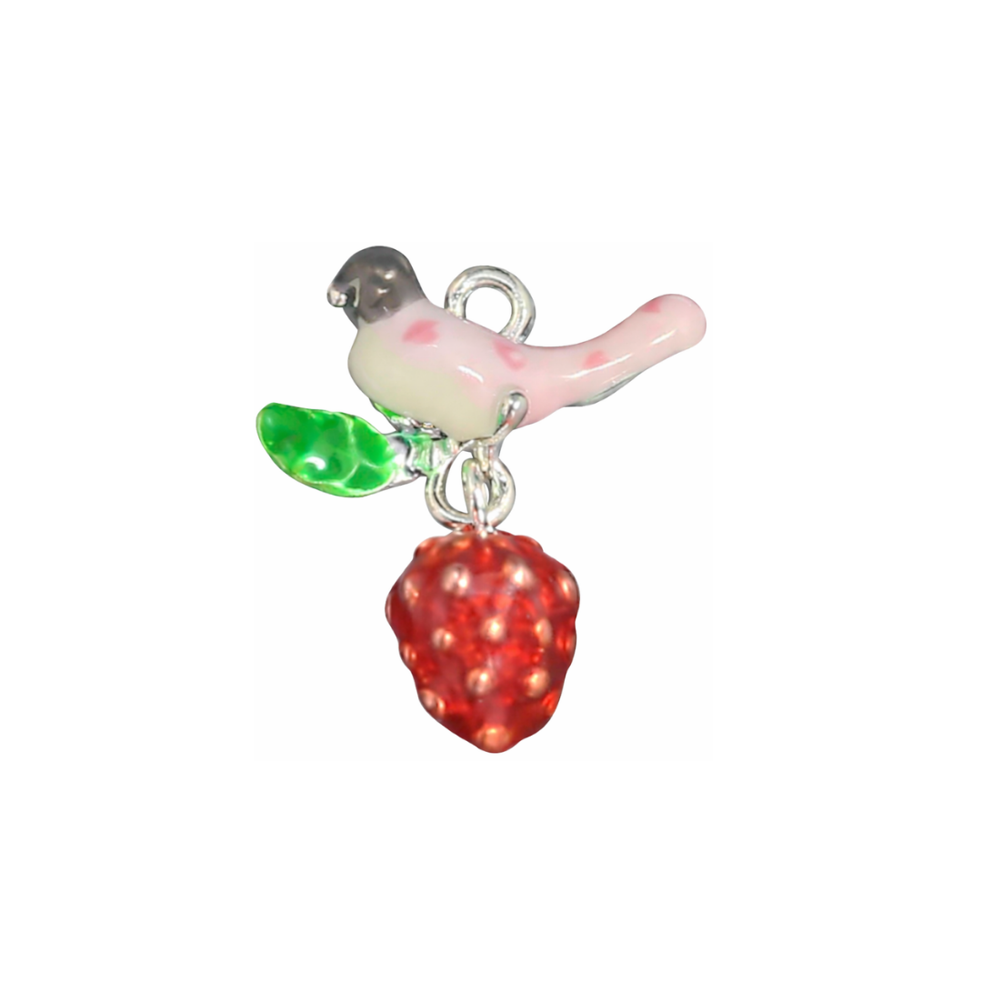 Stainless Steel | 20x17 mm | Bird and Strawberry Enamel Charm