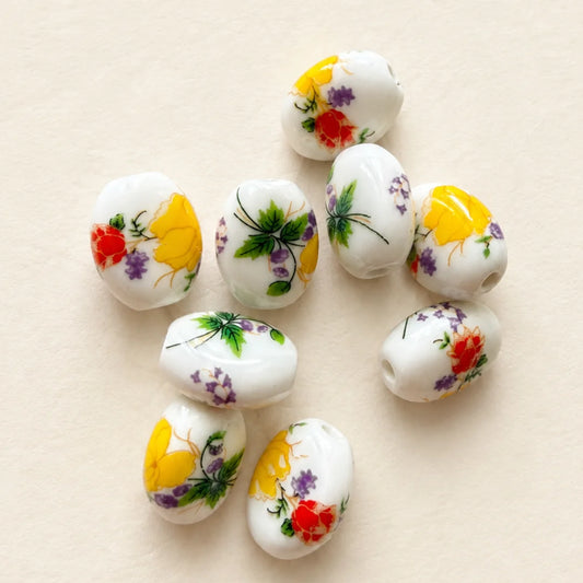 Yellow and White Floral Ceramic Beads